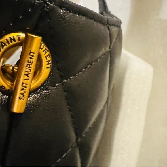 Designer inspired lambskin Quilted Logo Tote Bag in Black with Gold Hardware - Picture 2 of 4